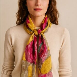 Vintage Hand-Painted Silk Watercolor Floral Scarf Signed YH – Multicolor